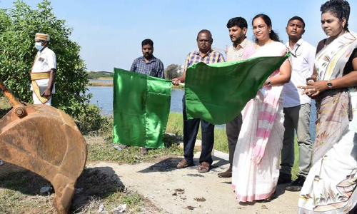 பெரியதாங்கல்-காரணிபேட்டை ஏரிகளை தூர்வாரும் பணி- கலெக்டர் ஆர்த்தி தொடங்கி வைத்தார்
