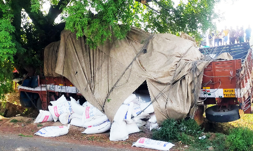 லாரி புளிய மரத்தில் மோதி தீ பற்றியது