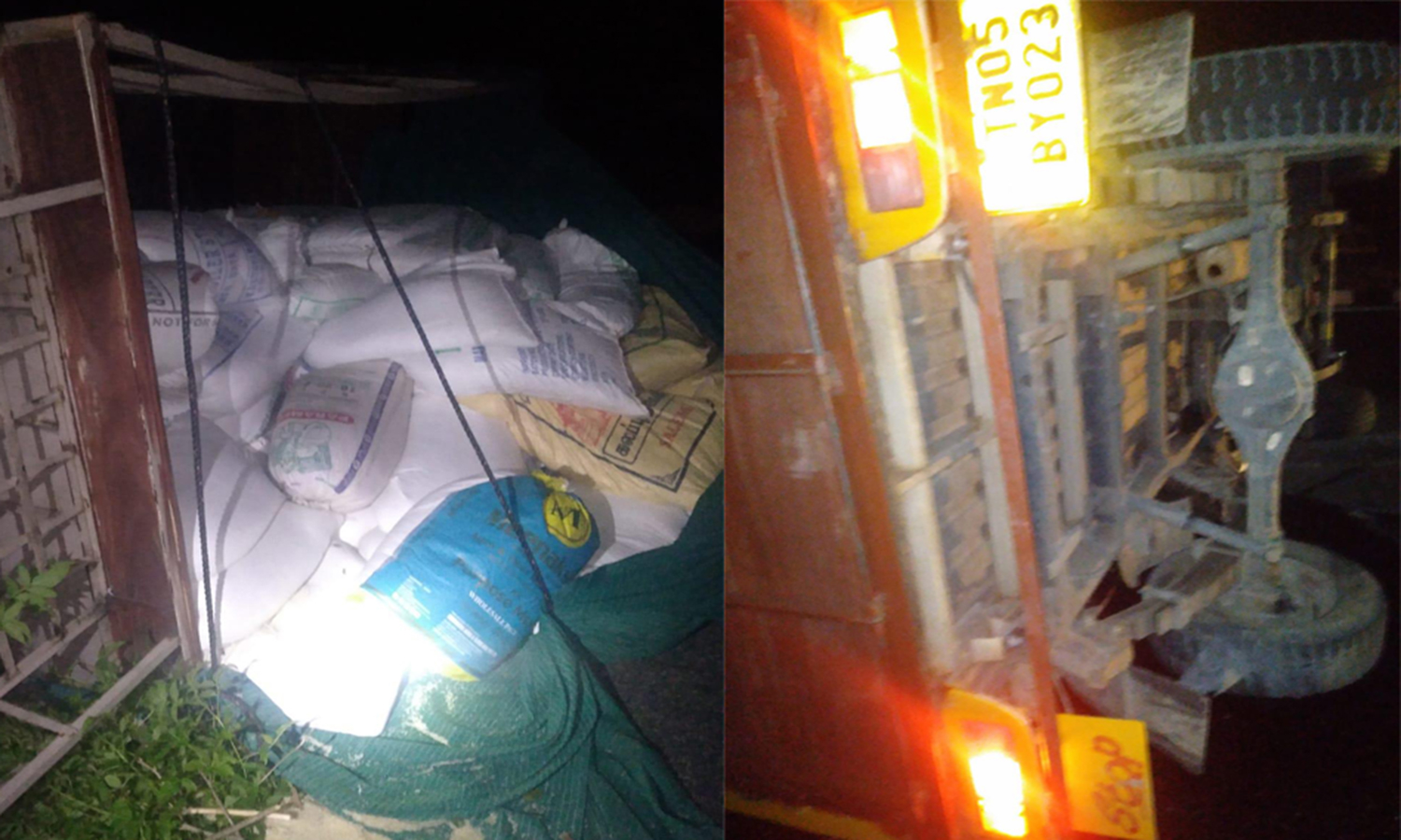 ரேஷன் அரிசி கடத்தி வந்த லாரி விபத்தில் சிக்கியது