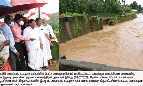 கூடலூரில் மழையால் பாதிக்கப்பட்ட பகுதிகளில் அமைச்சர் நேரில் ஆய்வு