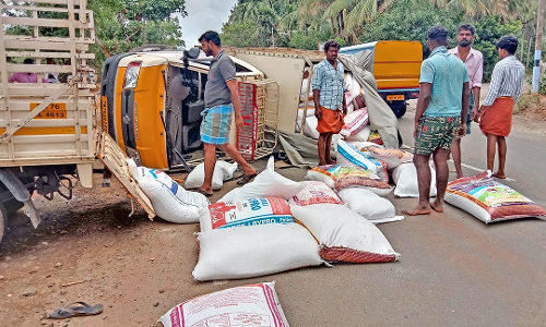 தென்காசி அருகே டயர் வெடித்து மினி லோடு ஆட்டோ கவிழ்ந்தது