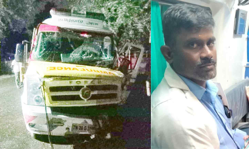 108 ஆம்புலன்ஸ் மரத்தில் மோதி மருத்துவ உதவியாளர் சாவு