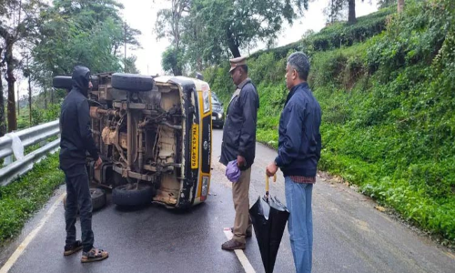 நடுரோட்டில் கவிழ்ந்த சரக்கு வாகனம்