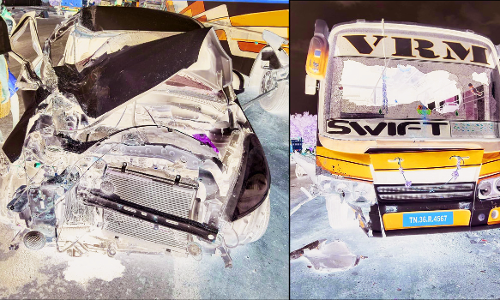 தனியார் பஸ்- கார் நேருக்கு நேர் மோதல்