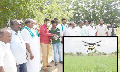 குறுவை பயிரில் ட்ரோன் மூலம் நானோ யூரியா தெளிப்பு- கலெக்டர் ஆய்வு