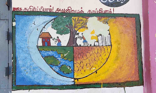 உடுமலை ருத்ரப்பா நகர் பள்ளி சுவர்களில் ஓவியம் வரைவதில் மாணவர்கள் ஆர்வம்