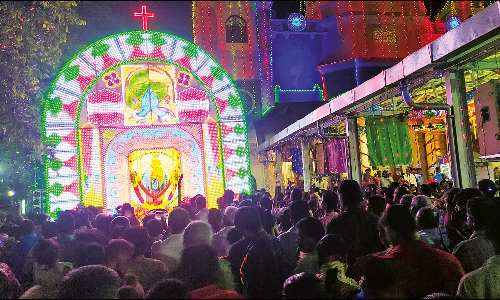 காரைக்குடி தூய சகாயமாதா ஆலய திருவிழாவையொட்டி மின்விளக்கு சப்பர பவனி