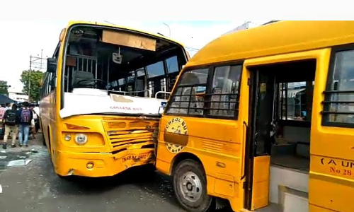 திருச்சியில் கல்லூரி பஸ்- பள்ளி வேன் நேருக்கு நேர் மோதல் - 10 பேர் படுகாயம்