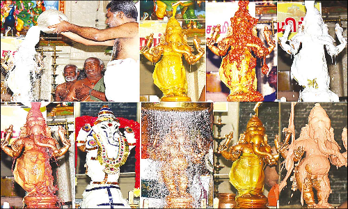 மலைக்கோட்டை கோவிலில் பிள்ளையாருக்கு 27 வகையான அபிஷேகம்