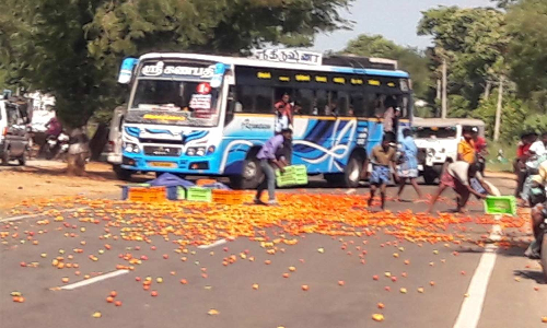 திண்டுக்கல் அருகே தக்காளி ஏற்றிச்சென்ற வாகனம் கவிழ்ந்து சாலையில் சிதறியது