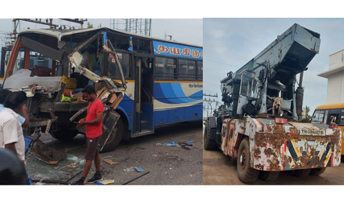 சேலத்தில்  கிரேன் எந்திரம் மீது அரசு பஸ் மோதி விபத்து  டிரவைர், கண்டக்டர் உள்பட 10 பேர் காயம்