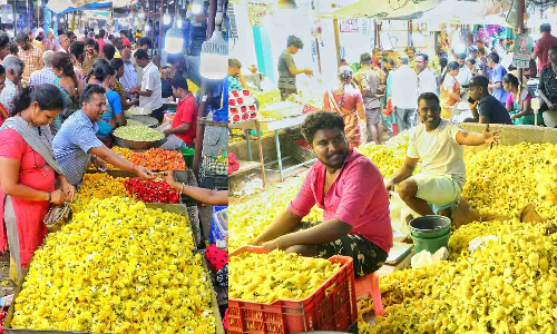 நாளை மறுநாள் ஆயுதபூஜை, திருப்பூர் மார்கெட்டில் பூ, பழங்கள் வாங்க குவிந்த பொதுமக்கள்