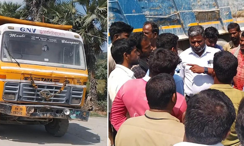 கல்குவாரியிலிருந்து அதிகபாரத்தில் கற்களை ஏற்றி செல்லும் லாரிகள்