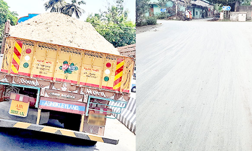 தார்ப்பாய் கொண்டு மூடாமல் மணல் ஏற்றி செல்லும் லாரிகள்