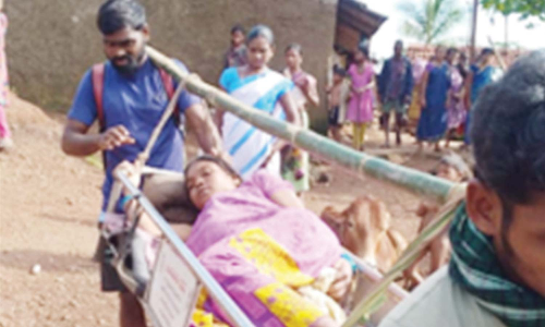 சாலை வசதி இல்லை: டோலியில் மலை கிராம பெண்ணுக்கு பிரசவமான பரிதாபம்- தவறி விழுந்த குழந்தை