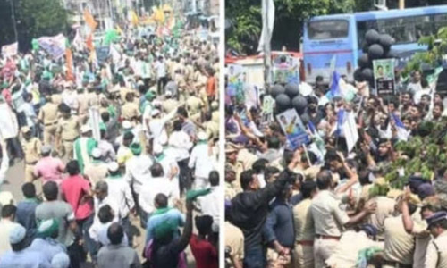 அமராவதியில் தலைமைச் செயலகம் அமைக்க கோரி சென்ற விவசாயிகள் பேரணியில் கல்வீசி தாக்குதல்