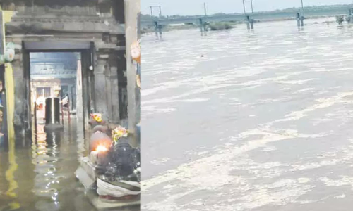 பொன்னியின் செல்வன் திரைப்படத்தில் இடம் பெற்ற கோவிலுக்குள் புகுந்த வெள்ளநீர்- பக்தர்கள் அவதி