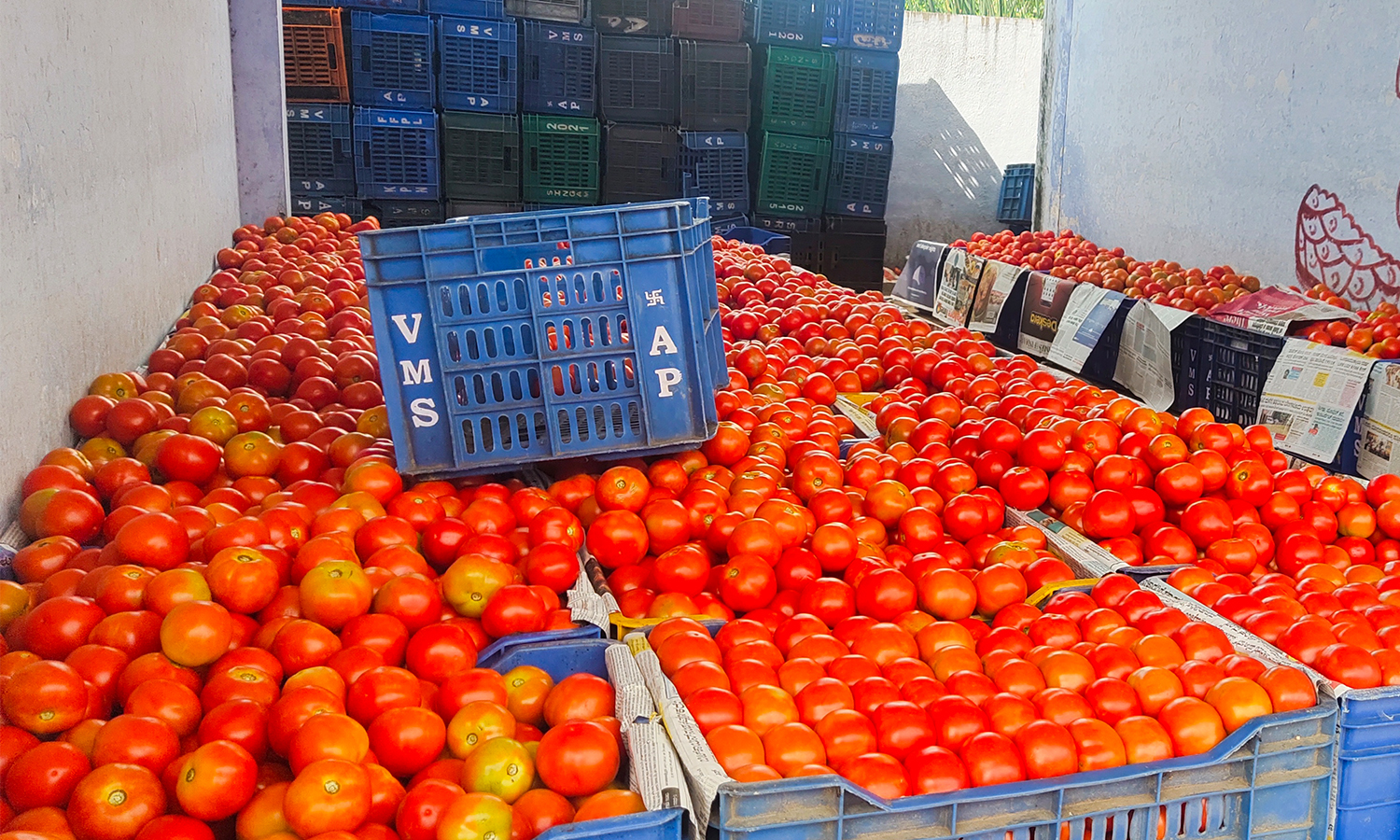 பாலக்கோடு மார்க்கெட்டில்  2 மாதத்திற்கு பிறகு 10 ரூபாய்க்கும் கீழ் குறைந்த தக்காளி விலை