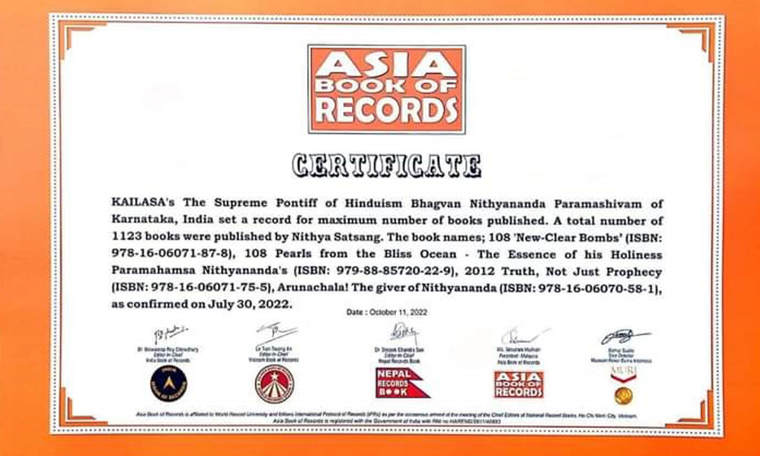 ஆசியா புக் ஆப் ரெக்கார்ட்சில் நித்யானந்தாவின் 8 சாதனைகள் இடம்- கைலாசா தகவல்