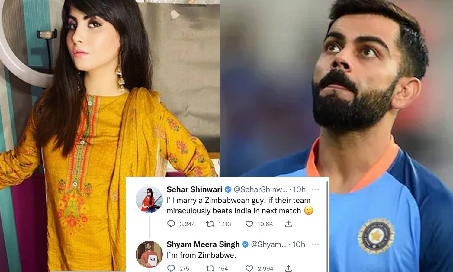 நானும் ஜிம்பாப்வே காரன்தாங்க...பாக் நடிகையை மணக்க விராட் கோலியிடம் கெஞ்சிய இந்திய வாலிபர் நானும் ஜிம்பாப்வே காரன்தாங்க...பாக் நடிகையை மணக்க விராட் கோலியிடம் கெஞ்சிய இந்திய வாலிபர்