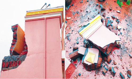 இடி தாக்கி வீட்டின் மாடி சுவர் சேதம்