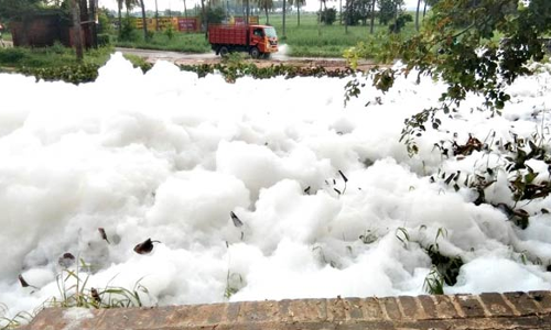 அயன்பாப்பாகுடி கால்வாயில் கழிவுநீர் கலந்து வெளியேறும் நுரை- விவசாயிகள் அச்சம்