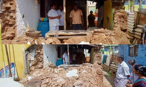 திருமுருகன்பூண்டி அருகே மழையால் இடிந்த வீட்டை நகராட்சி தலைவர் ஆய்வு