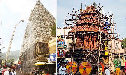 கார்த்திகை தீப திருவிழாவையொட்டி அருணாசலேஸ்வரர் கோவில் கோபுரம், பெரிய தேர் சீரமைப்பு