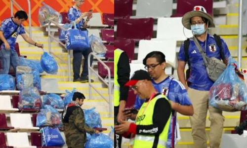 ஜெர்மனியை வீழ்த்திய மகிழ்ச்சியில் மைதானத்தை சுத்தம் செய்த ஜப்பான் ரசிகர்கள்