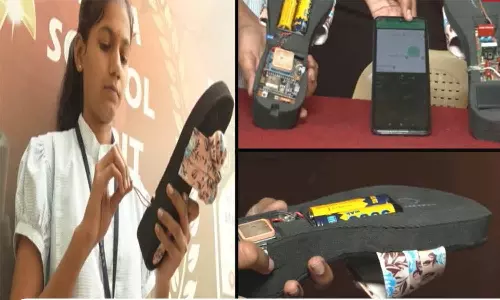 எட்டி உதைத்தால் ஷாக் அடிக்கும்... பெண்களின் பாதுகாப்புக்காக எலக்ட்ரிக் காலணியை உருவாக்கிய பள்ளி மாணவி