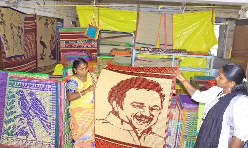 சுதந்திர போராட்ட வீரர்கள், தலைவர்கள் படங்களுடன் நெல்லை ரெயில் நிலையத்தில்  பயணிகளை கவரும் பத்தமடை பாய்கள்