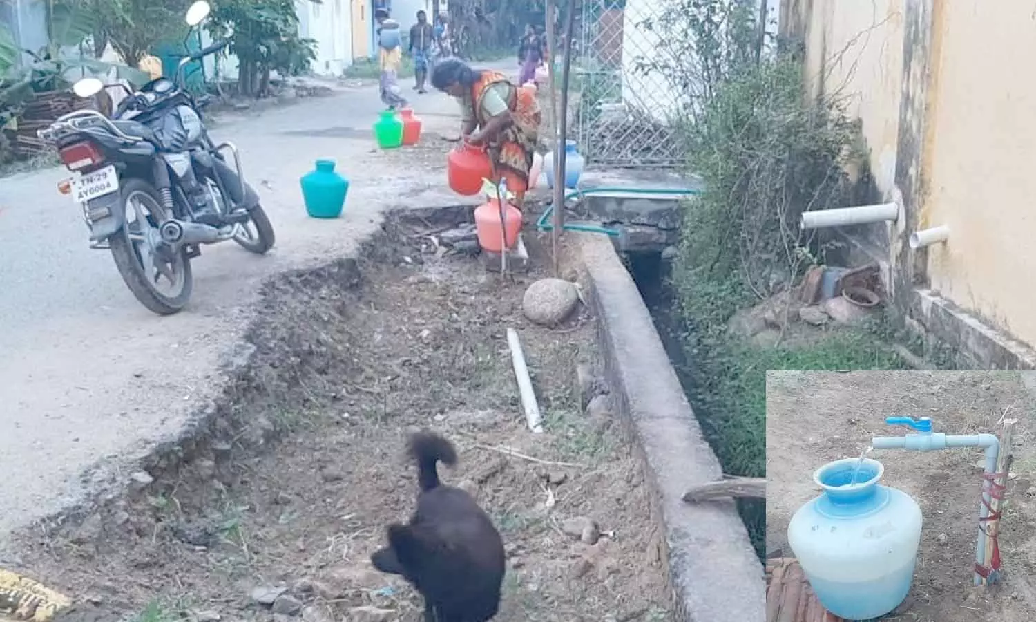 குடிநீர் குழாய்  விழுந்து விடாமல் இருக்க குச்சி கட்டி தண்ணீர் பிடிக்கும் பொதுமக்கள்