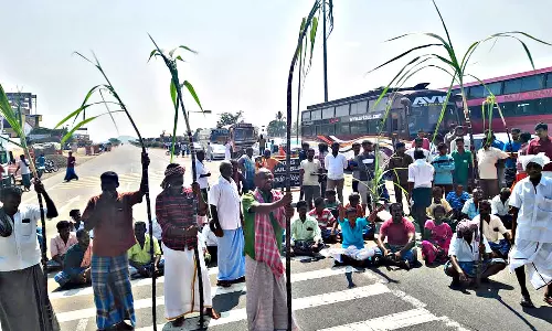 பொங்கல் பண்டிகைக்கு கரும்பு வழங்க கோரி விவசாயிகள் திடீர் மறியல்- போக்குவரத்து பாதிப்பு