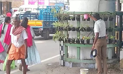 வண்ணார்பேட்டை  மேம்பால தூண்களில் வைக்கப்பட்ட  செடிகளுக்கு தண்ணீர் ஊற்றும் காவலர்