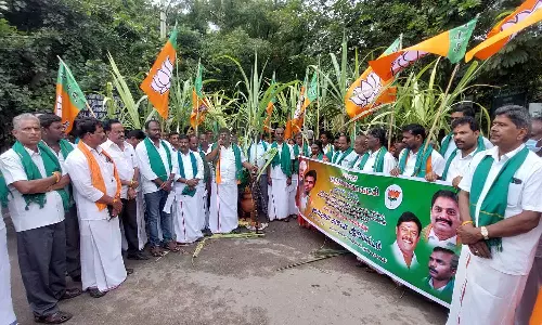 பொங்கல் தொகுப்பில்  வெல்லம், கரும்பு, தேங்காய் சேர்த்து வழங்க கோரி பா.ஜ.க. விவசாய அணி ஆர்ப்பாட்டம்