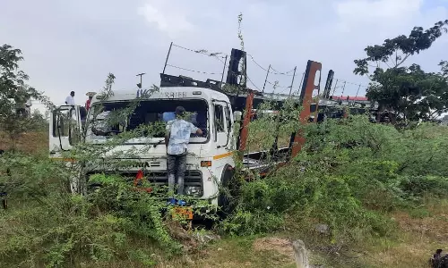 கண்டெய்னர் உரசி மின் வயர் அறுந்தது:  ெபாதுமக்களிடமிருந்து தப்பிக்க வேகமாக சென்ற லாரி டிரைவர் விபத்தில் சிக்கி பலி