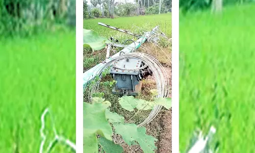 தென்காசி அருகே  வயல்வெளியில் சாய்ந்து கிடக்கும் டிரான்ஸ்பார்மர்- சரி செய்ய விவசாயிகள் கோரிக்கை