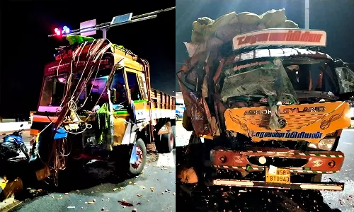 திருமங்கலம் அருகே லாரிகள் நேருக்கு நேர் மோதல்- கிளீனர் உயிரிழப்பு