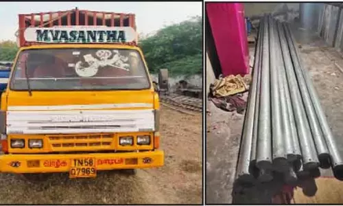 போலீஸ் குடியிருப்புக்குள் லாரியை நிறுத்தி பைப்புகளை திருடிய வாலிபர் கைது