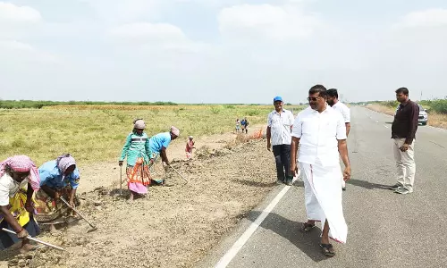 சூரங்குடி-எட்டையபுரம் வரை சாலையின் இரு புறங்களிலும் மரக்கன்றுகள்  நடுவதற்கான இடத்தை எம்.எல்.ஏ. ஆய்வு