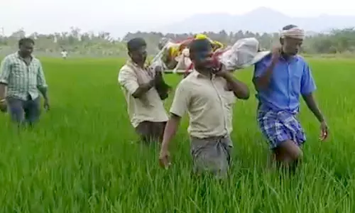 வயல்வெளியில் பிணத்தை தூக்கிச் செல்லும் அவலம்