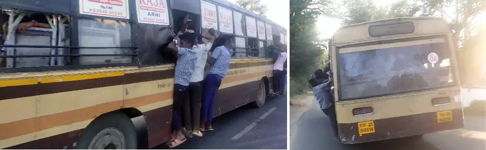 பஸ் படிகட்டில் தொங்கி ஆபத்தான முறையில் பயணம் செய்யும் மாணவர்கள் பஸ் படிகட்டில் தொங்கி ஆபத்தான முறையில் பயணம் செய்யும் மாணவர்கள்