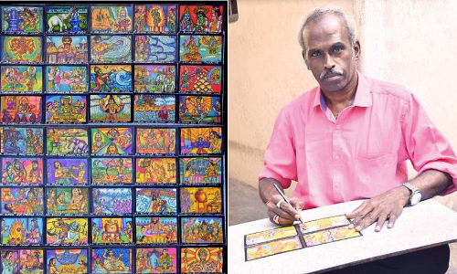 அஞ்சல் அட்டையில் திருவிளையாடல் புராண ஓவியங்கள் வரைந்து விழிப்புணர்வு ஏற்படுத்தும் ஆசிரியர்