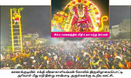 சக்தி வீரமாகாளியம்மன் கோவில் திருவிழா:அரிவாள் ஏணி மீது நின்று அருள்வாக்கு கூறிய சாமியாடி