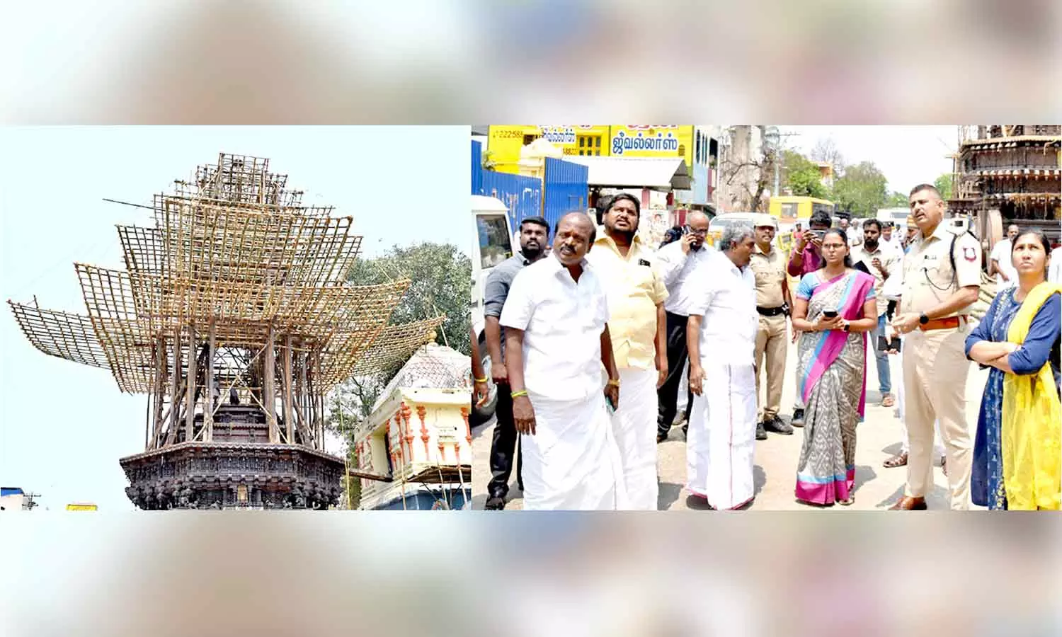 திருவாரூரில், ஆழித்தேர் கட்டுமான பணிகளை கலெக்டர் ஆய்வு திருவாரூரில், ஆழித்தேர் கட்டுமான பணிகளை கலெக்டர் ஆய்வு