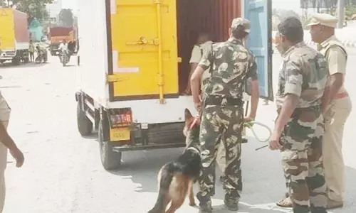 வனக்குற்றங்களைத் தடுக்க சோதனை சாவடியில் மோப்ப நாய் மூலம் வனத்துறையினர் சோதனை