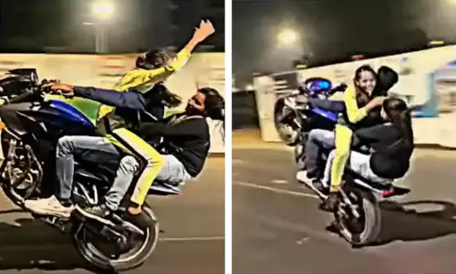 2 இளம்பெண்களுடன் விபரீத வீலிங் சாகசம் செய்த வாலிபர்: சமூகவலைத்தளத்தில் வைரல்