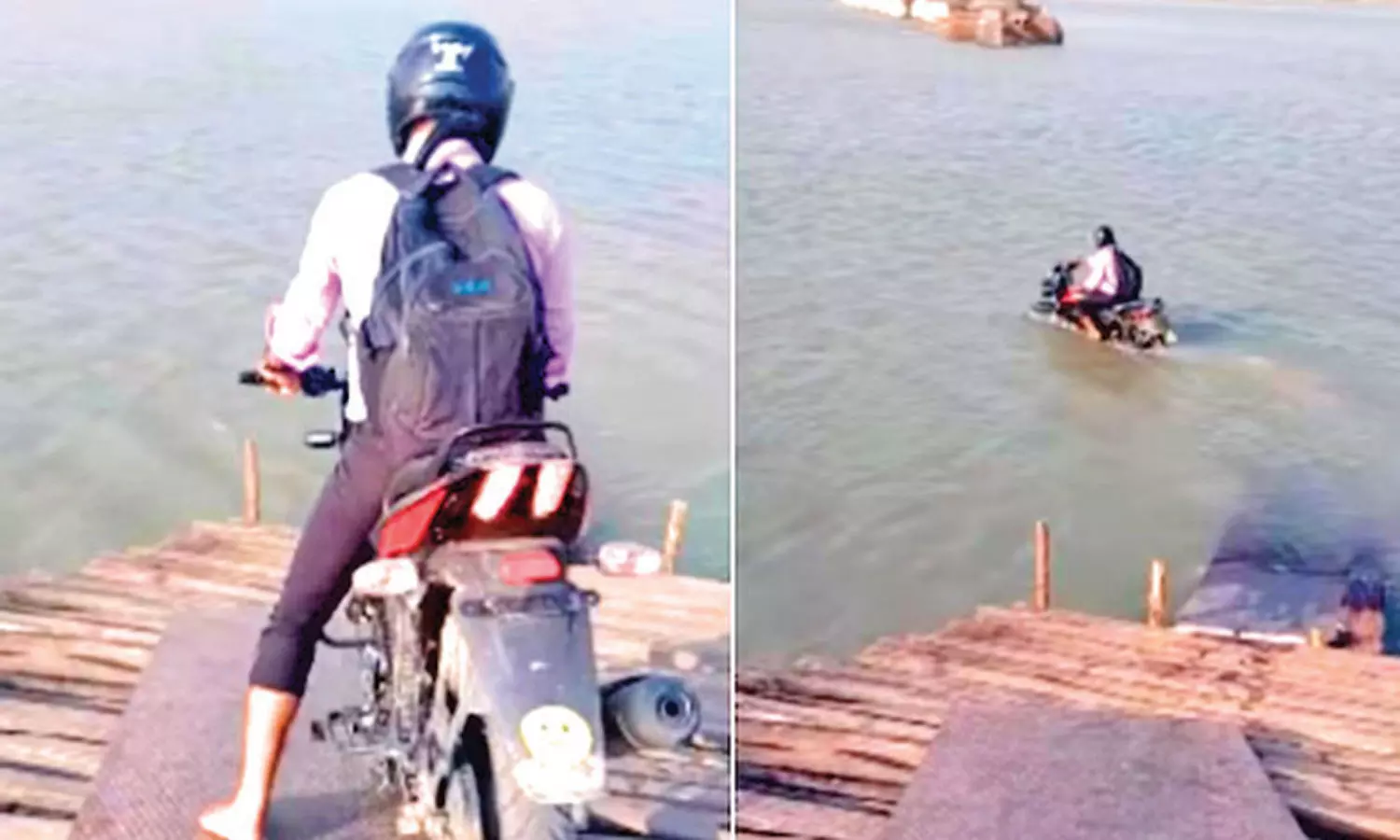 ஆற்றில் மோட்டார் சைக்கிள் ஓட்டும் வாலிபர் ஆற்றில் மோட்டார் சைக்கிள் ஓட்டும் வாலிபர்