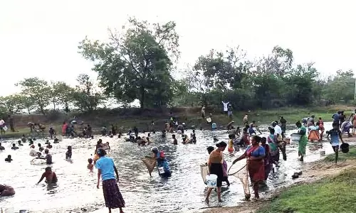 மீன் பிடி திருவிழாவில் கிராம மக்கள் போட்டி போட்டு பிடித்தனர்
