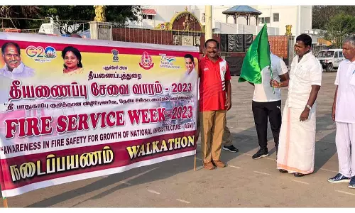 தீயணைப்பு வீரர்கள் விழிப்புணர்வு நடைபயணம்-அமைச்சர் சாய்.ஜெ.சரவணன்குமார் தொடங்கி வைத்தார்